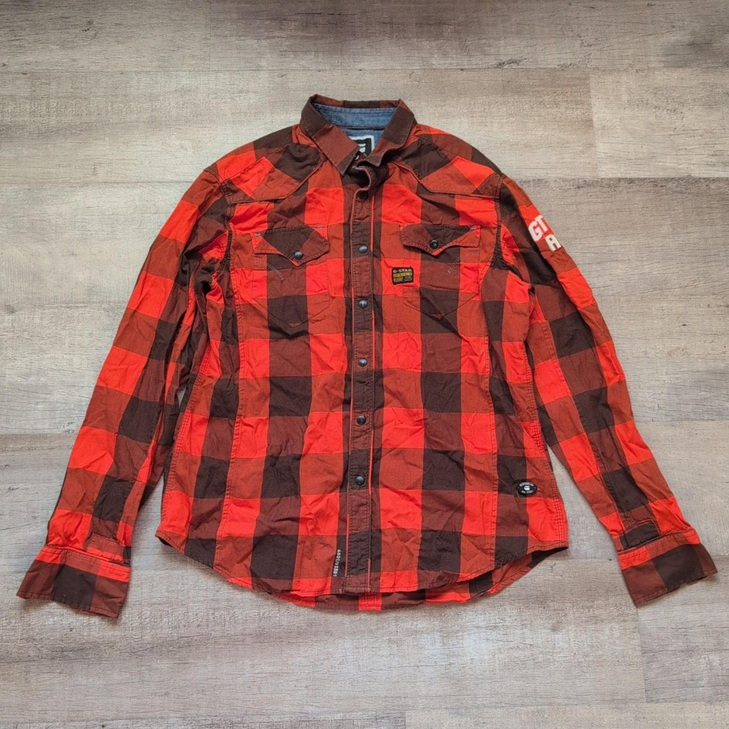 G-Star Shirt Mens XXL Orange Brown Plaid Raw Cotton Button Up Long Sleeve