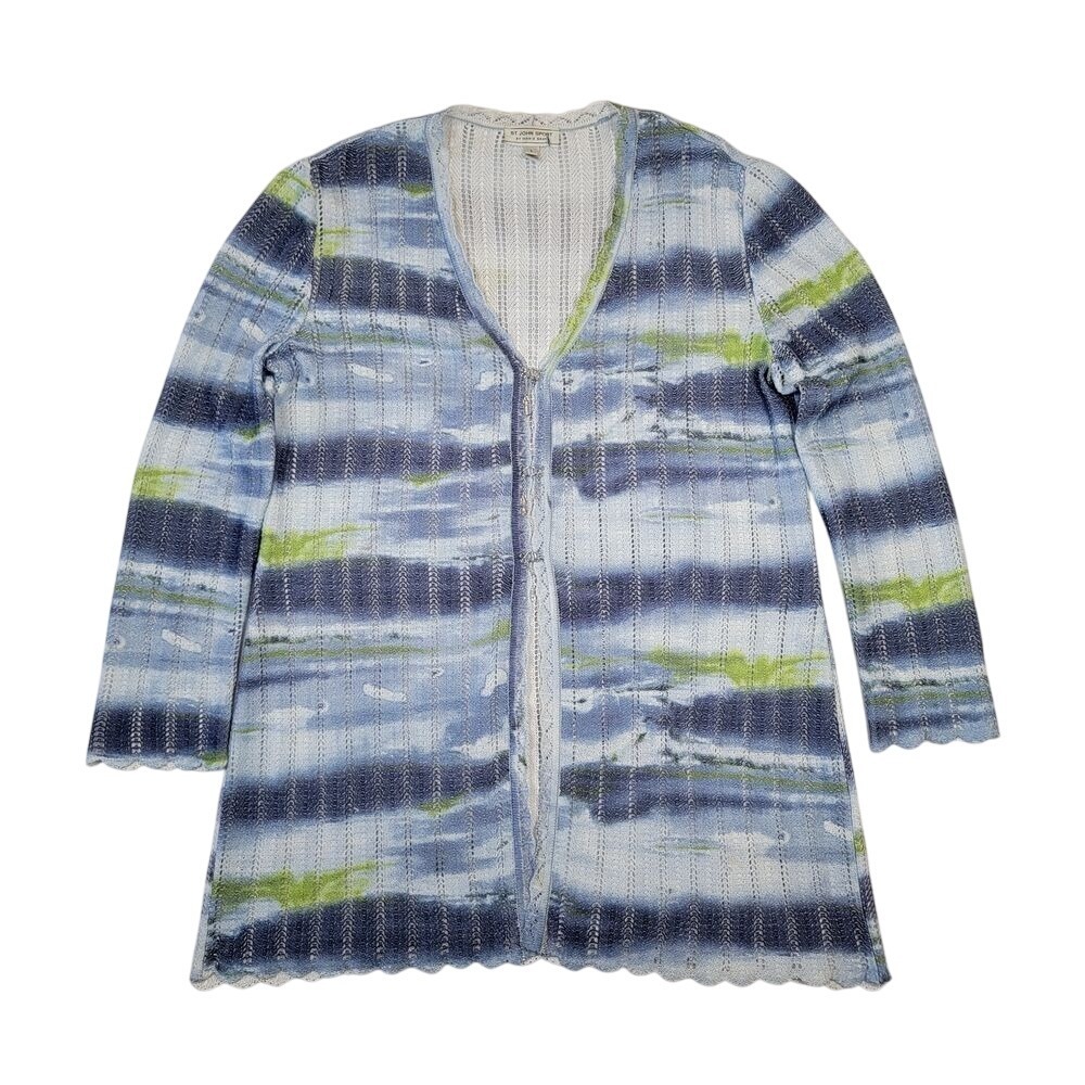 St. John Sport Marie Gray Wool Cardigan Sweater Womens Sz L Blue Dyed Crochet