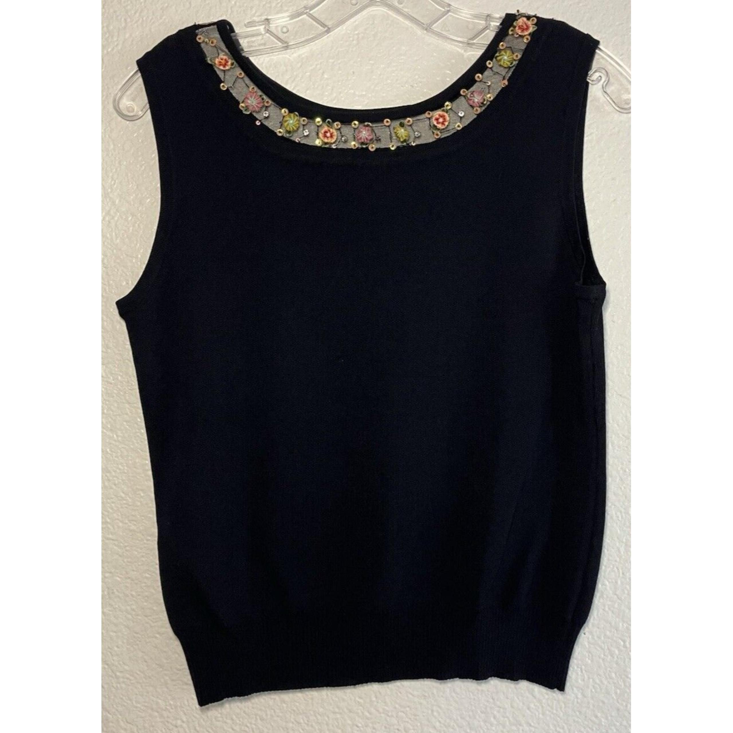 Joseph A. Black Sleeveless Knit Top with Floral Sequin Embellished Neckline XL