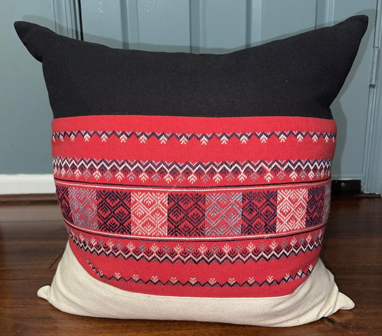 Pho Nui mountaintown handicraft brochure Black, Ivory, Red pillow 18” Square.