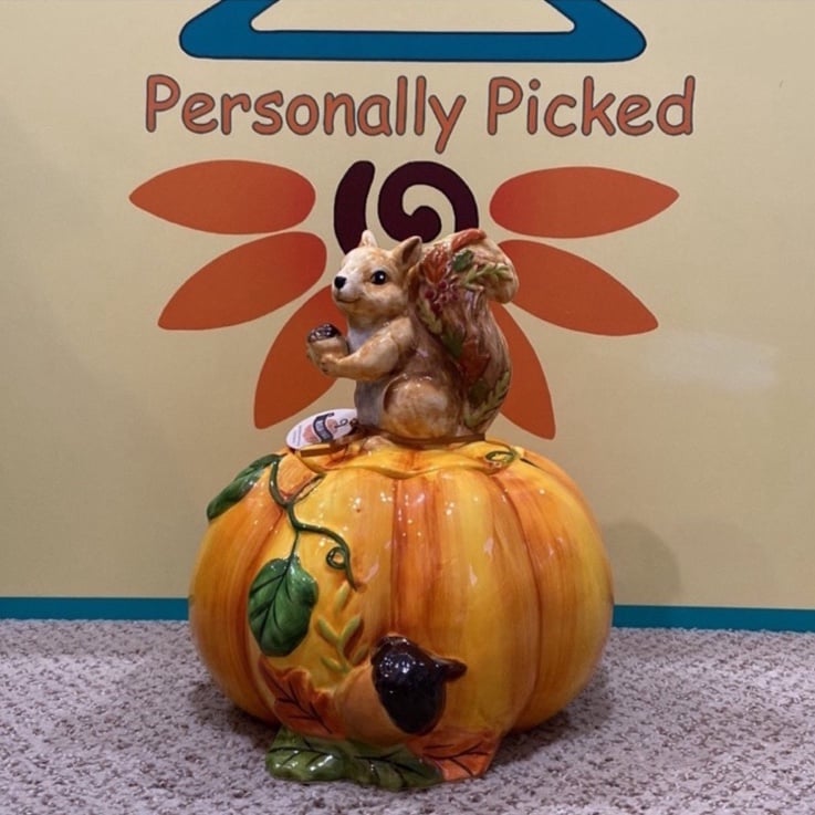Blue Sky Clayworks HARVEST TIME PUMPKIN SQUIRREL COOKIE JAR
