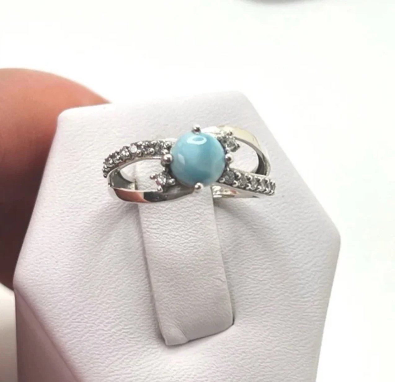 .925 Sterling Silver Natural Larimar & Clear Cz Ring
