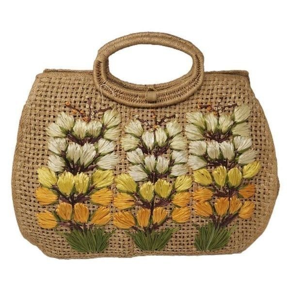 Large Vintage Floral Weaved Straw Basket Purse | Hand-Embroidered Tulips | Bohem