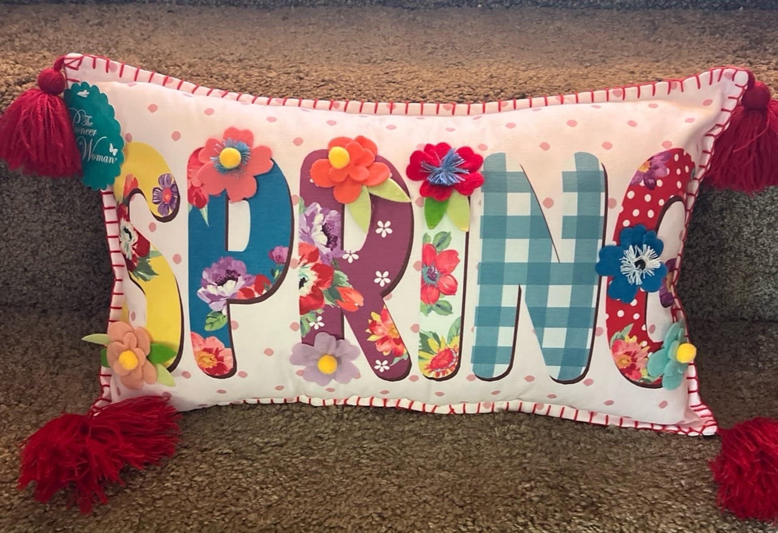 Pioneer Woman Spring Pillow & Welcome Spring Embroidery Hoop decor