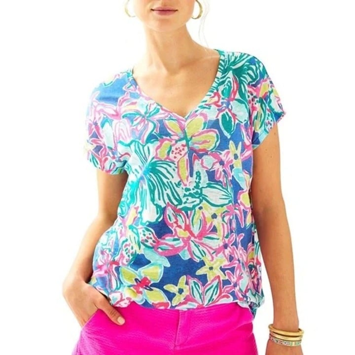 Lilly Pulitzer Iris Blue Casa Azul Hartwell Boxy Linen Floral Tee Pink/Blue S/M