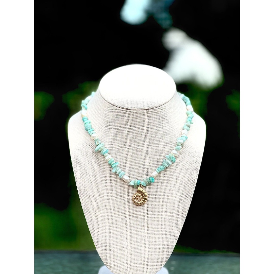 Natural Turquoise Amazonite and Freshwater Pearl Necklace with Nautilus Pendant