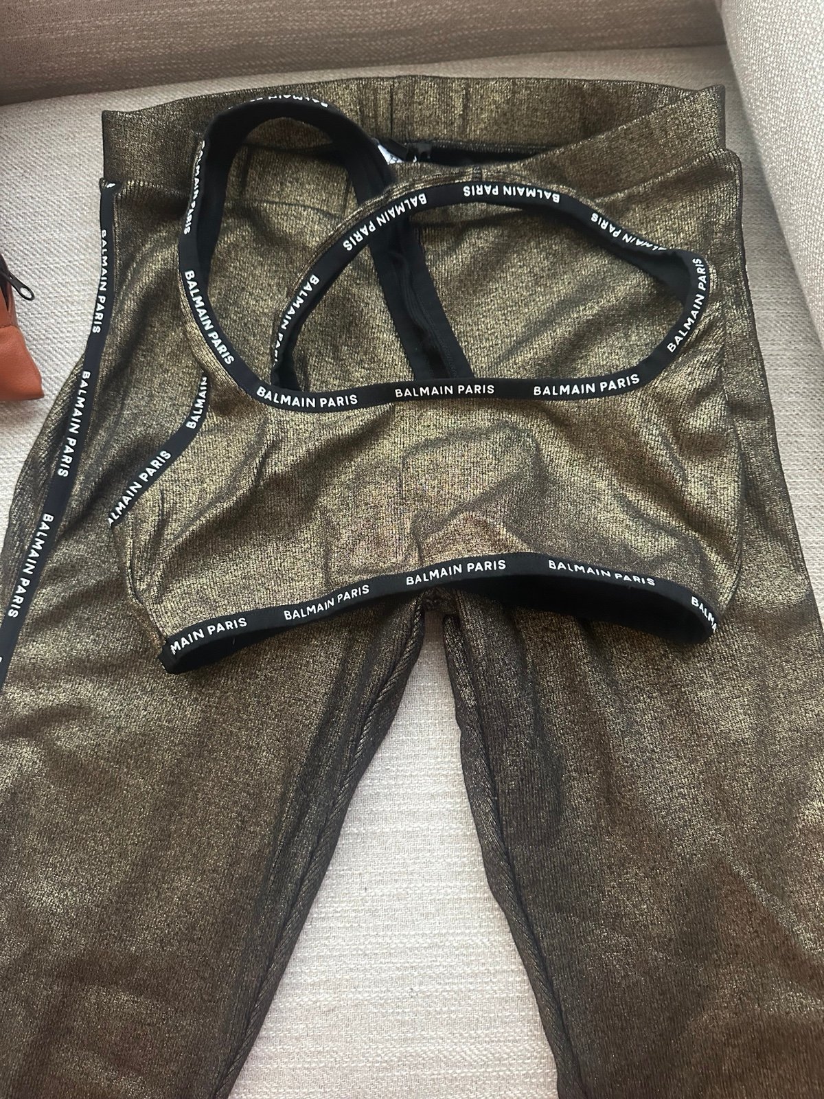 Balmain Laminated Ribbed Black Gold Sports Bra Legging SET