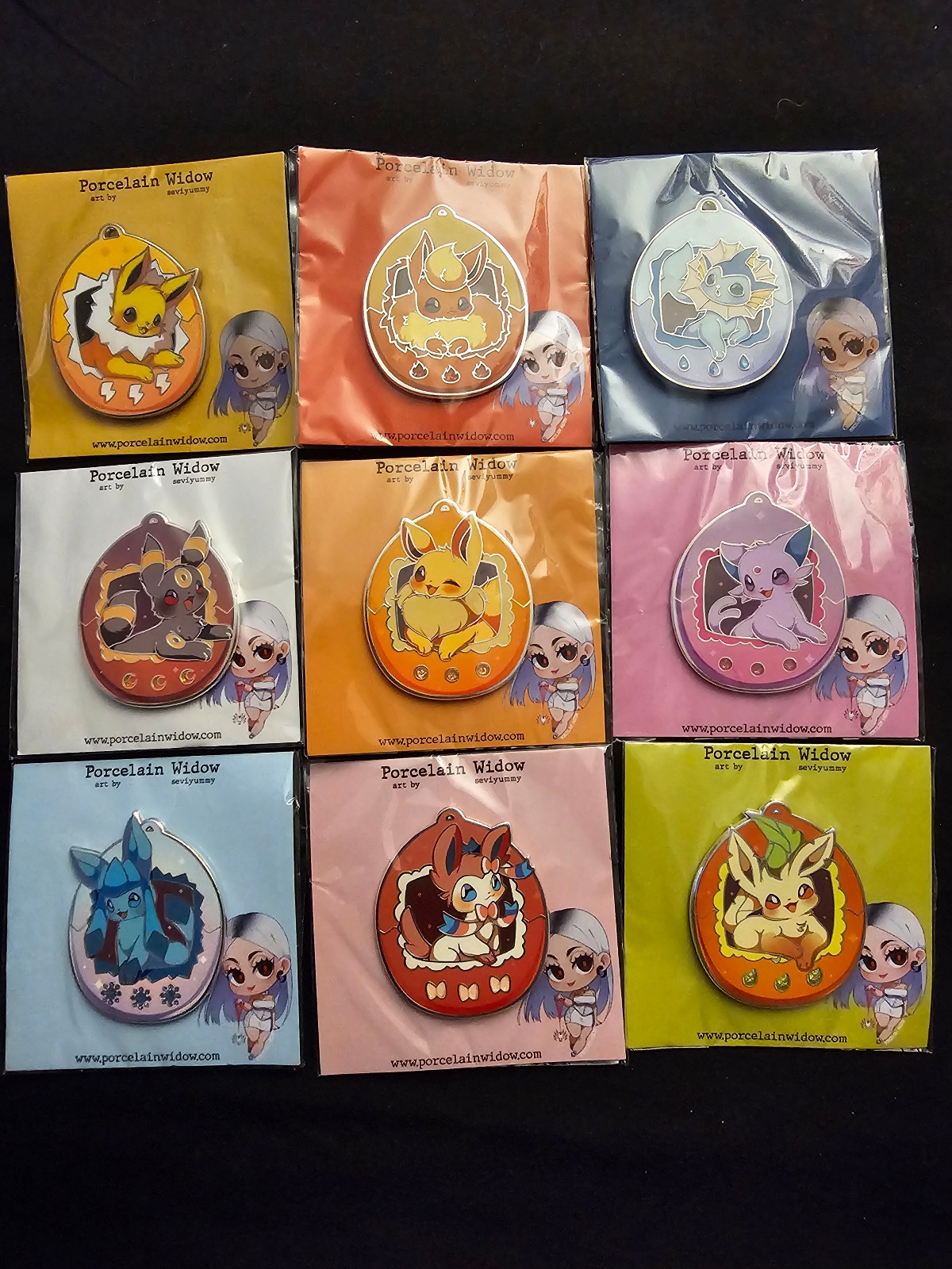 Porcelain Widow COMPLETE Eeveelution Tamagotchi Pin Set