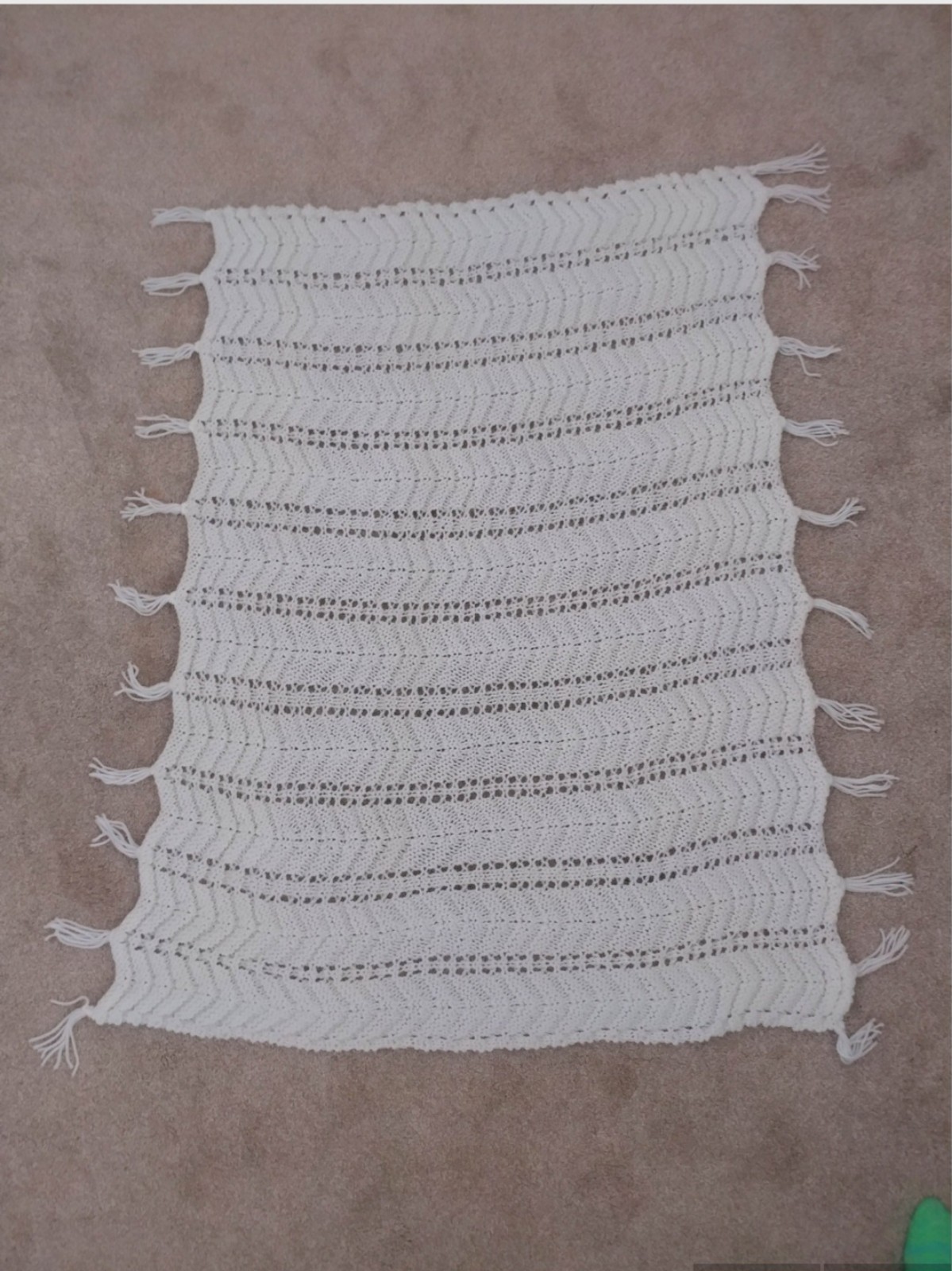 Hand-knitted vintage white baby blanket, shawl, scarf or lap afghan throw 1970s