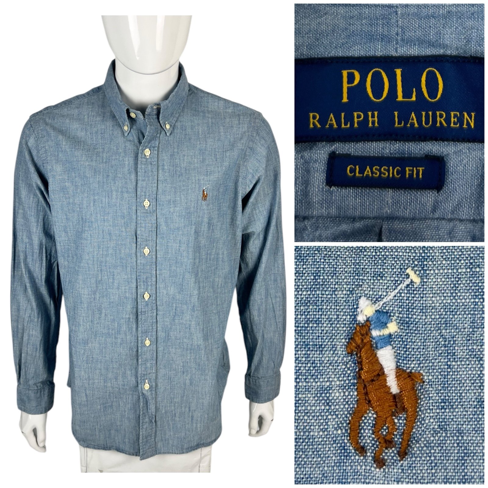 Polo Ralph Lauren Mens Large Shirt Blue Chambray Embroidered Logo Cotton EUC