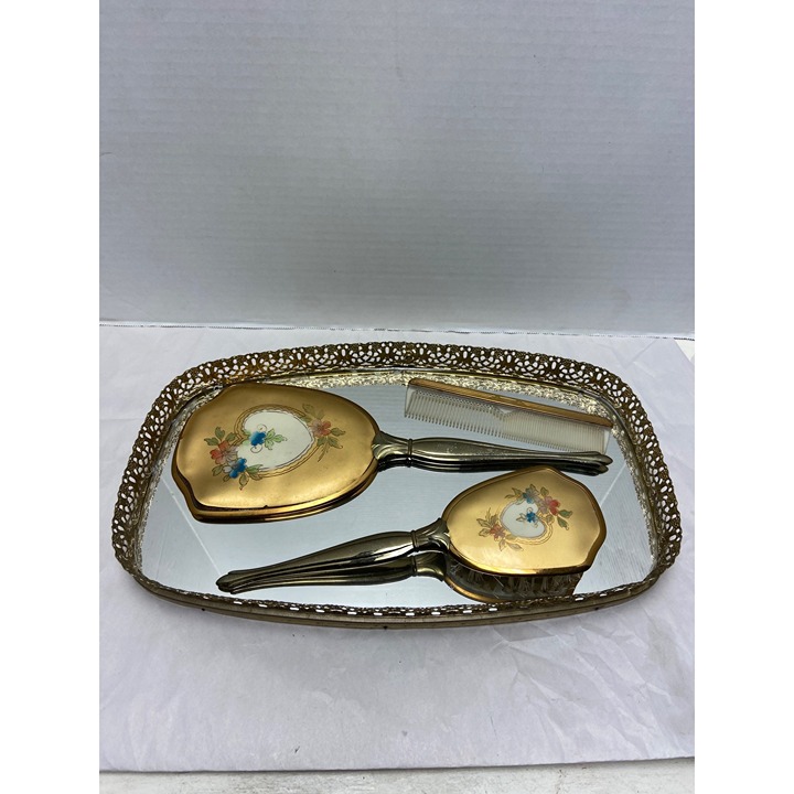 Vintage Gold Vanity Set With Mirror Brush & Comb On Ornate Tray 4pc Set
