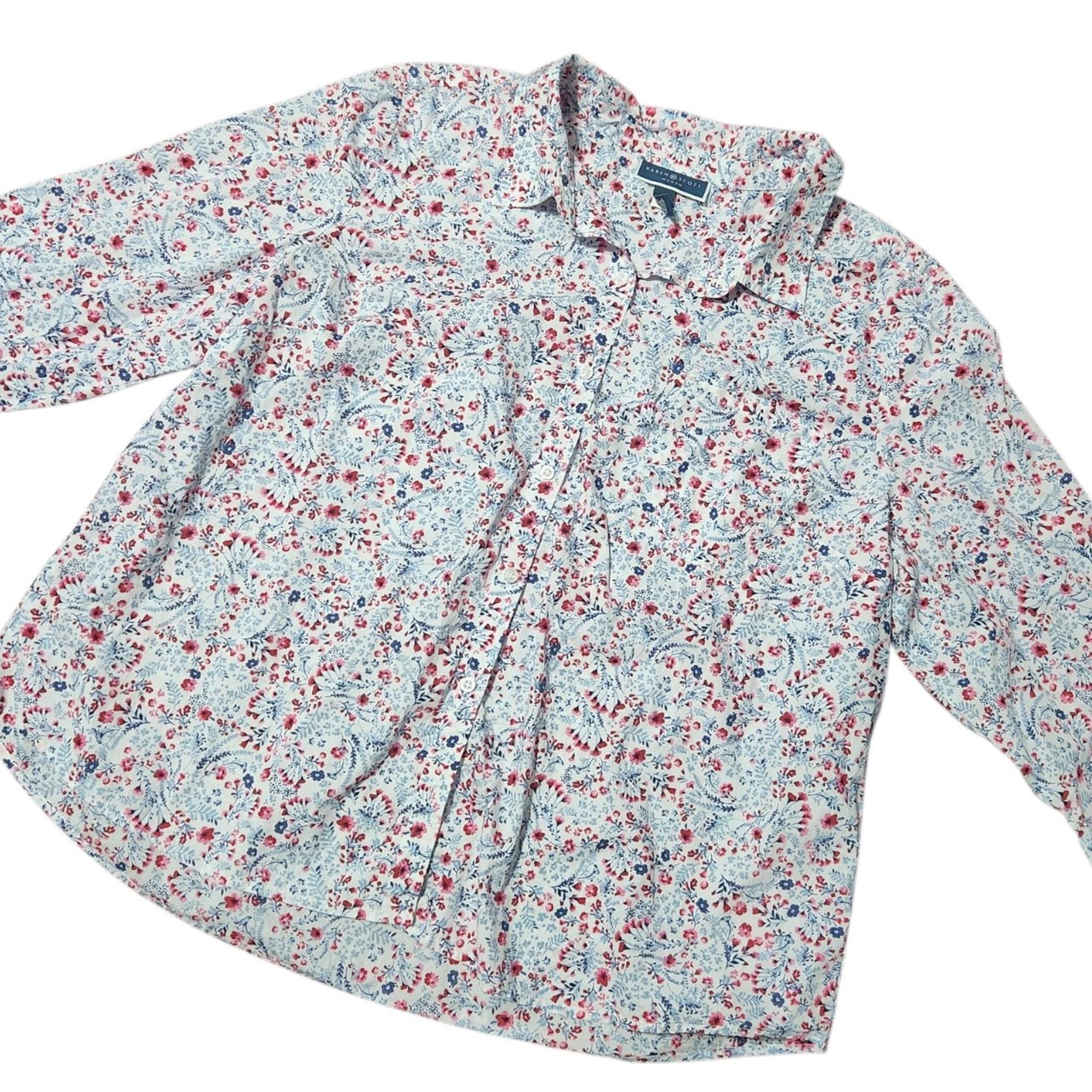 Karen Scott Button Shirt Womens Plus Size 3X Floral 3/4 Sleeve Pink Blue