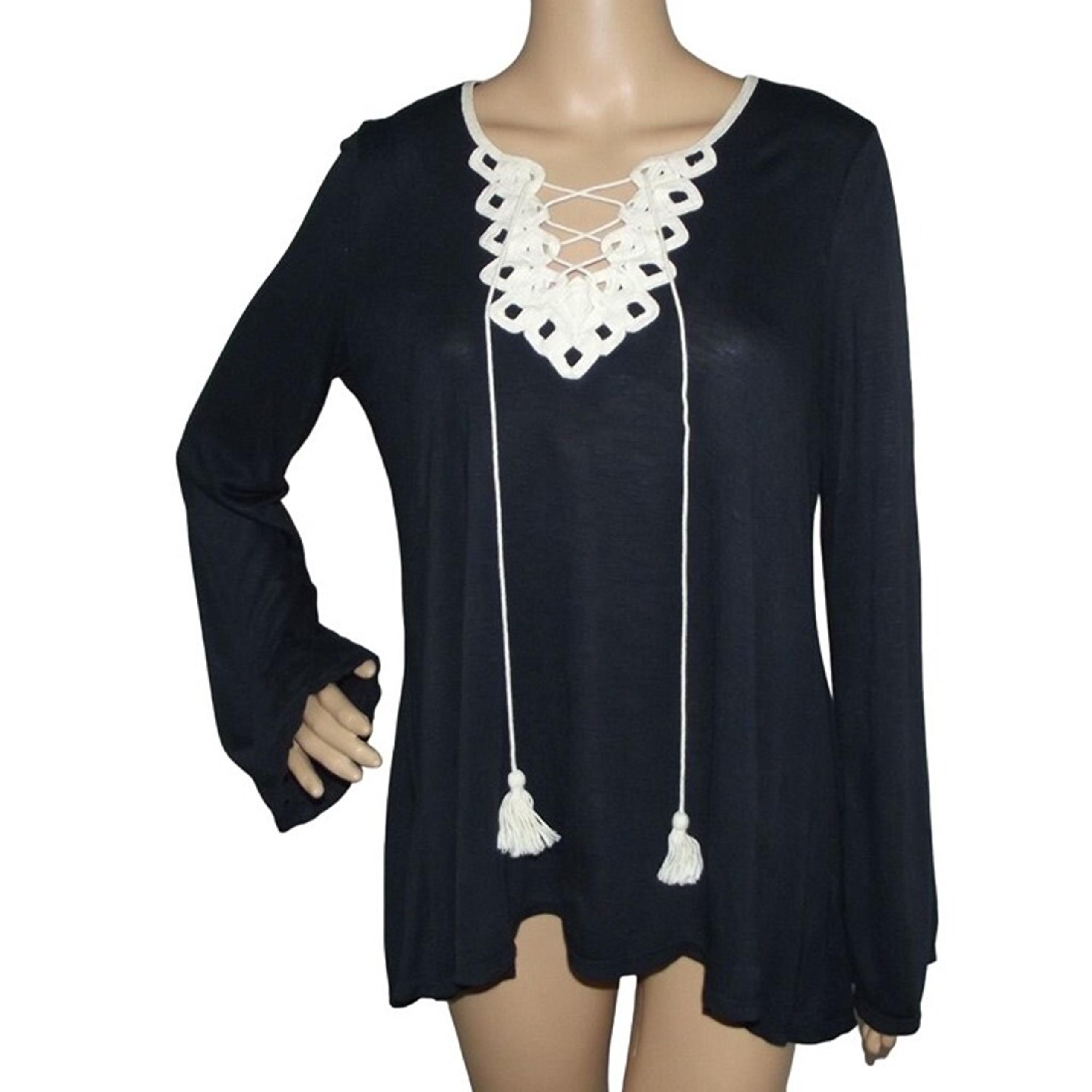 Max Studio Tunic Top Medium dark navy blue off-white crochet trim m shirt blouse