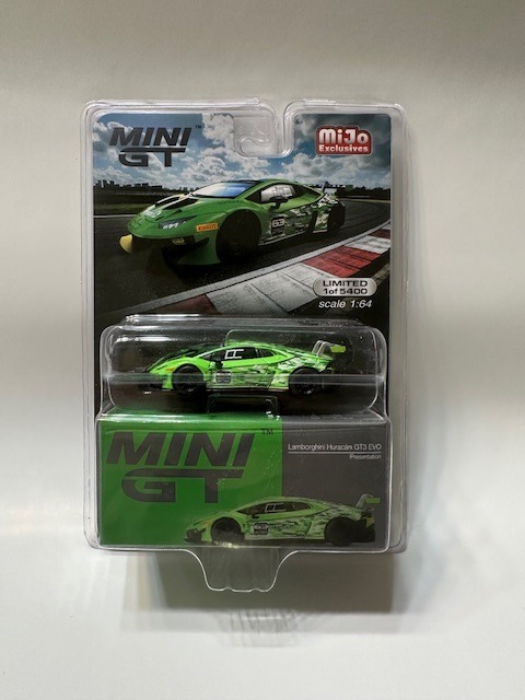 Mini GT Mijo Exclusives Lamborghini Huracan GT3 EVO Presentation Green L.E.