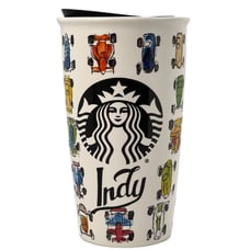 Starbucks Indy 500 Indiana Speedway Race Cars Travel Tumbler Mug w/ Lid 12 oz