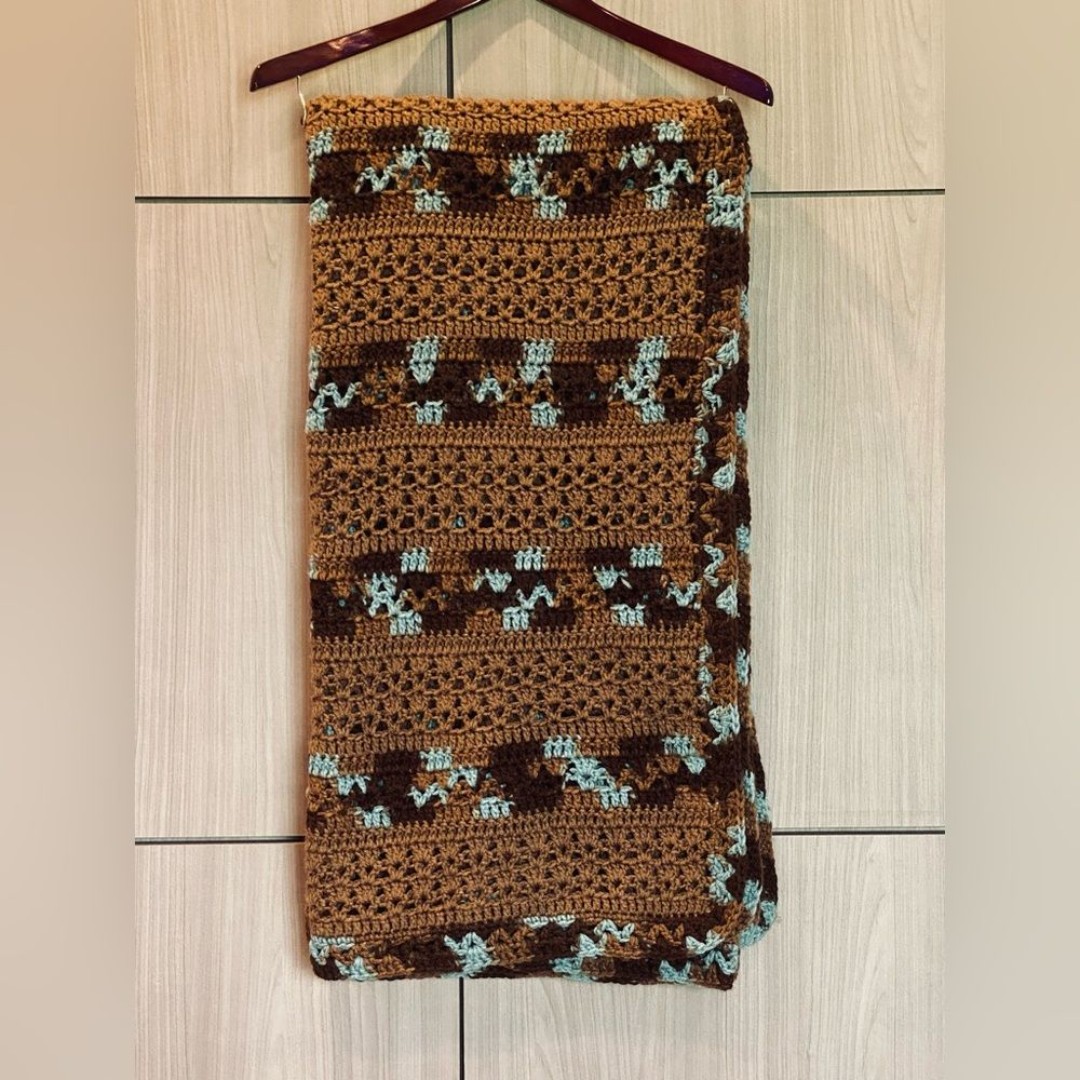 Handmade Afgan Throw Blanket Hand Crocheted Brown Turquoise NEW