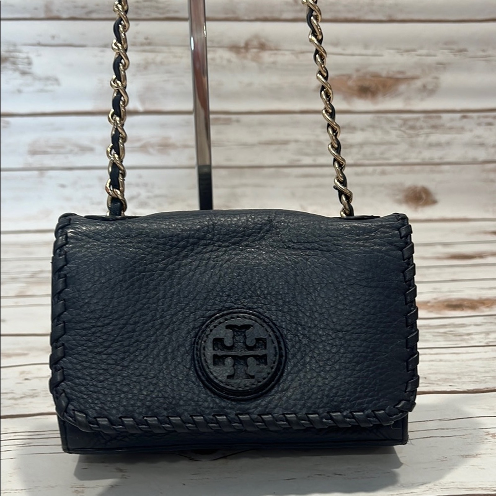 Tory Burch Marion Collect Navy Pebble Leather Shoulder Bag