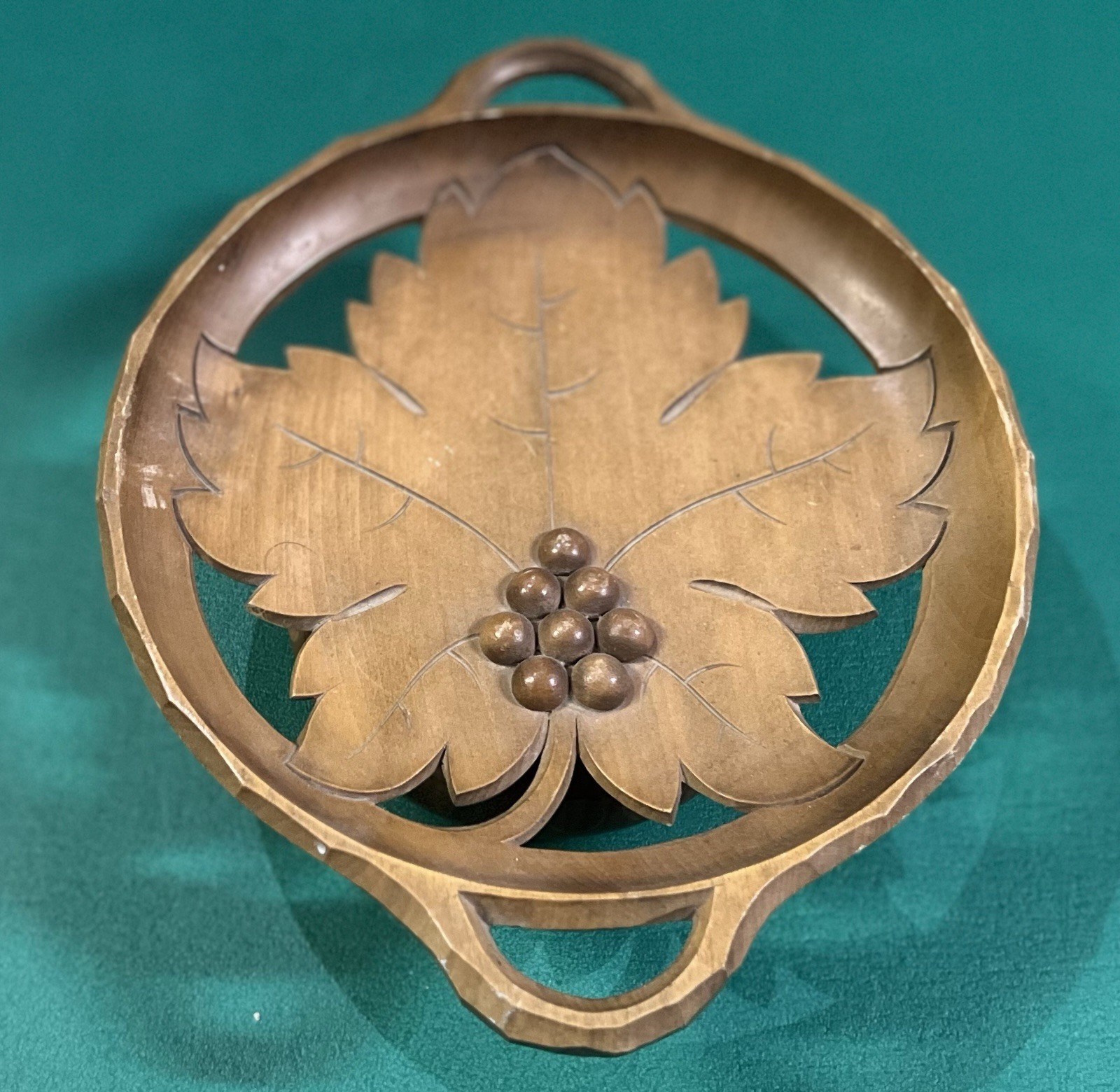 Vintage Swiss Hand Carved Wood Music Box/Tray Leaves and Grape Design