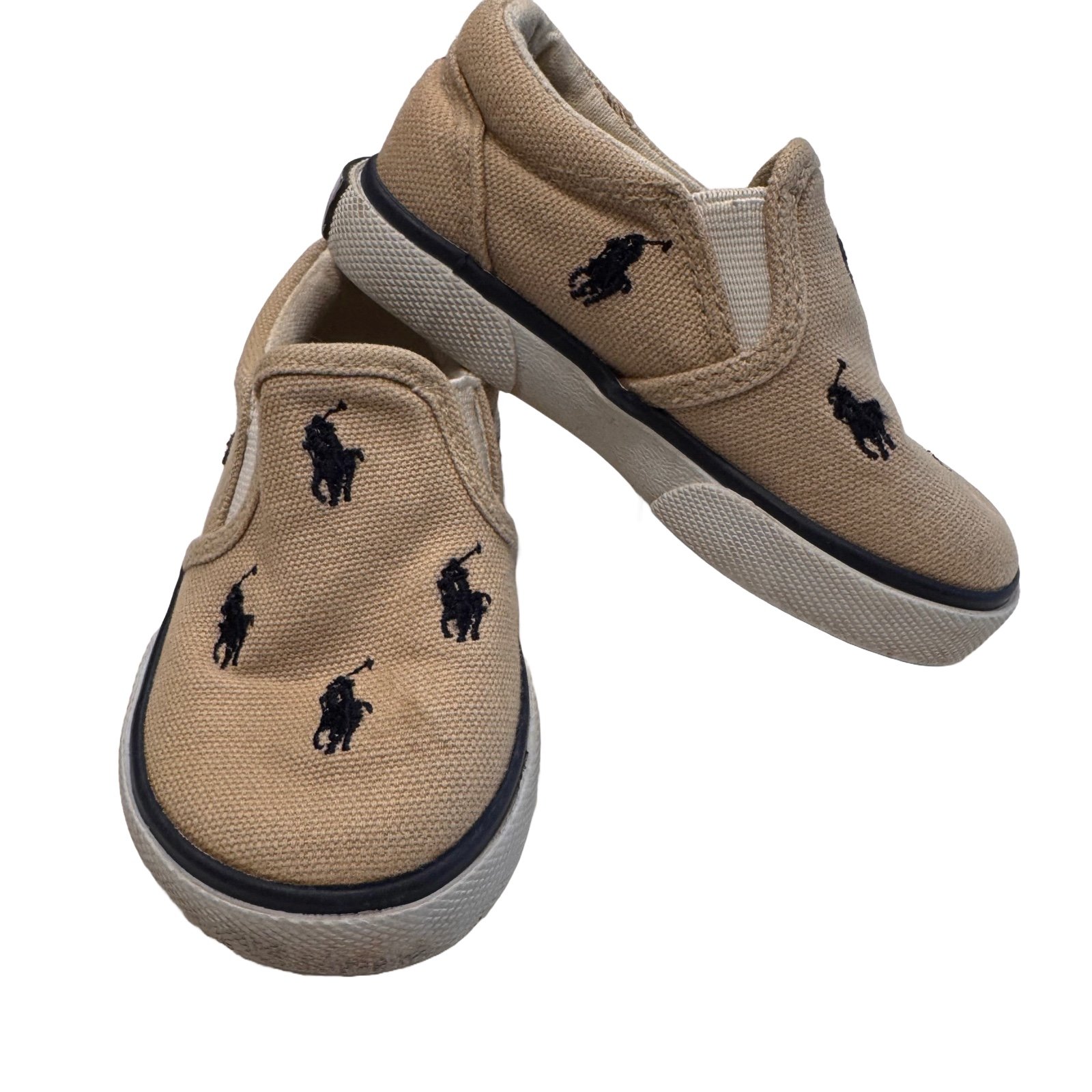 Polo Ralph Lauren Embroidered Navy Logo Khaki Canvas Slip Ons Toddler 5 Preppy