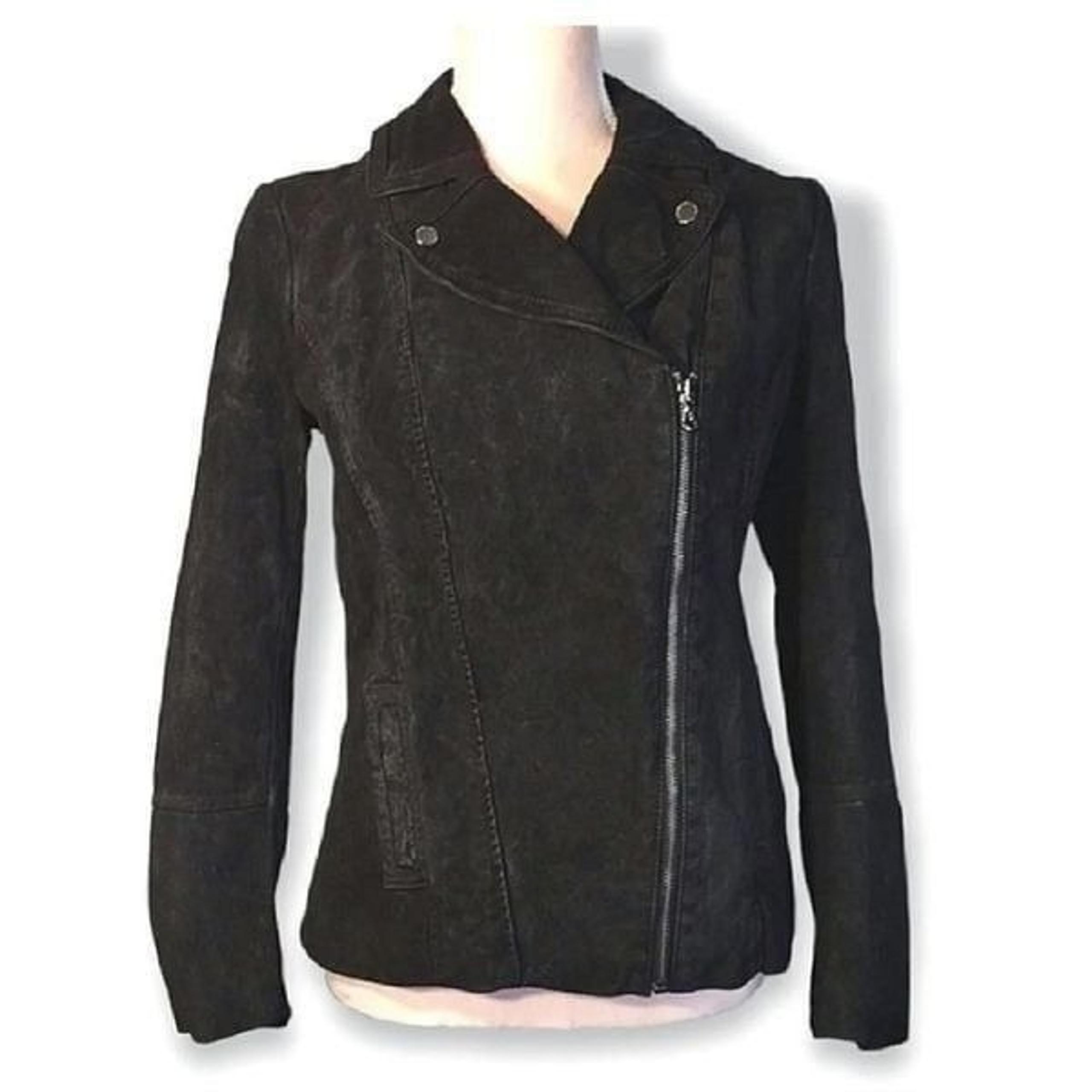 Isaac Mizrahi Black 100% Leather Diagonal Zip Fitted Moto Jacket Size 4