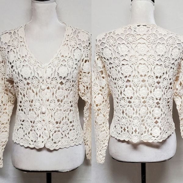 Vintage 1990s Aderro Creamy Yellow Sunflower Crochet Button Up Cardigan Small
