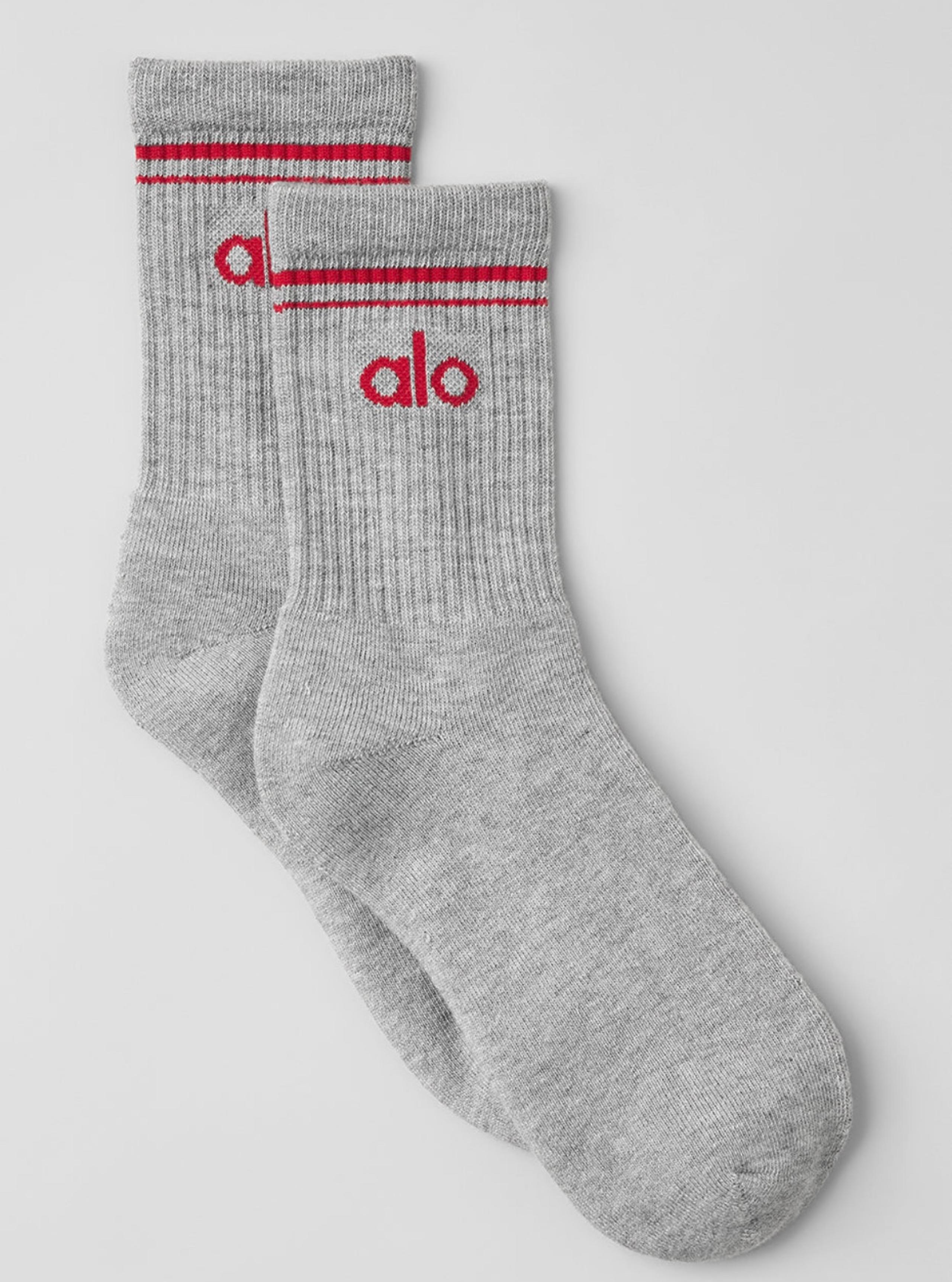 Alo Unisex Half-Crew Throwback Sock NWT Athletic Heather Grey/Bold Red