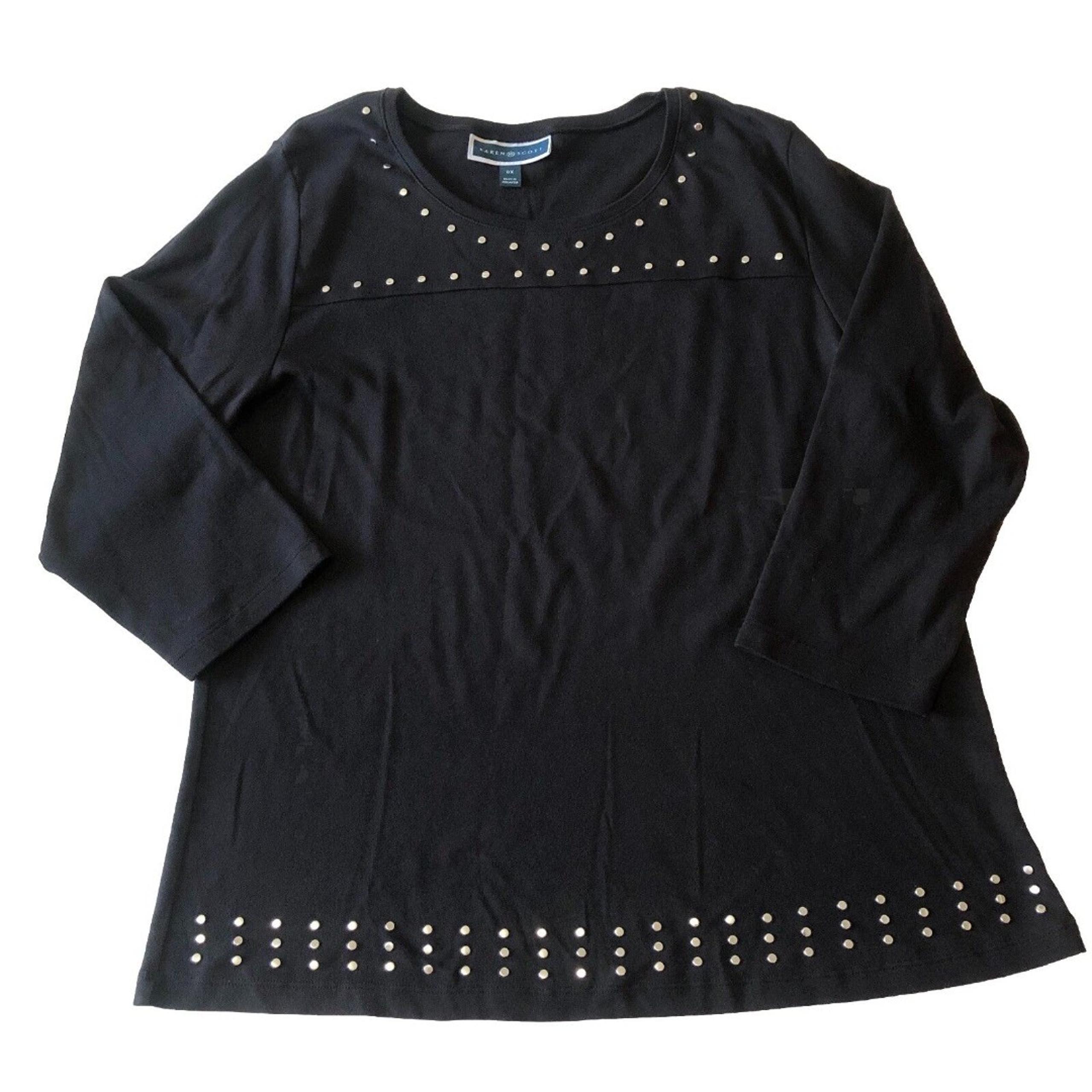 Karen Scott Womens Black Silver Stud  Embellished 3/4-Sleeve Top Size  0X