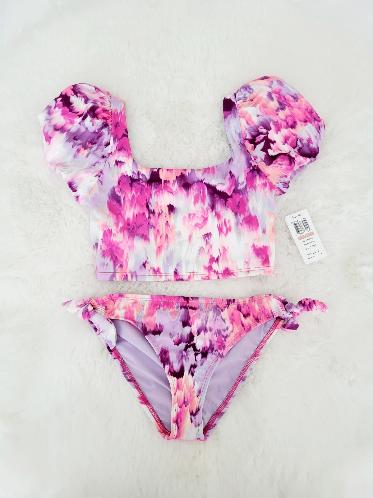 SPLENDID GIRLS' FLORAL PUFF SLEEVE TWO PIECE BIKINI SET SIZE 12
