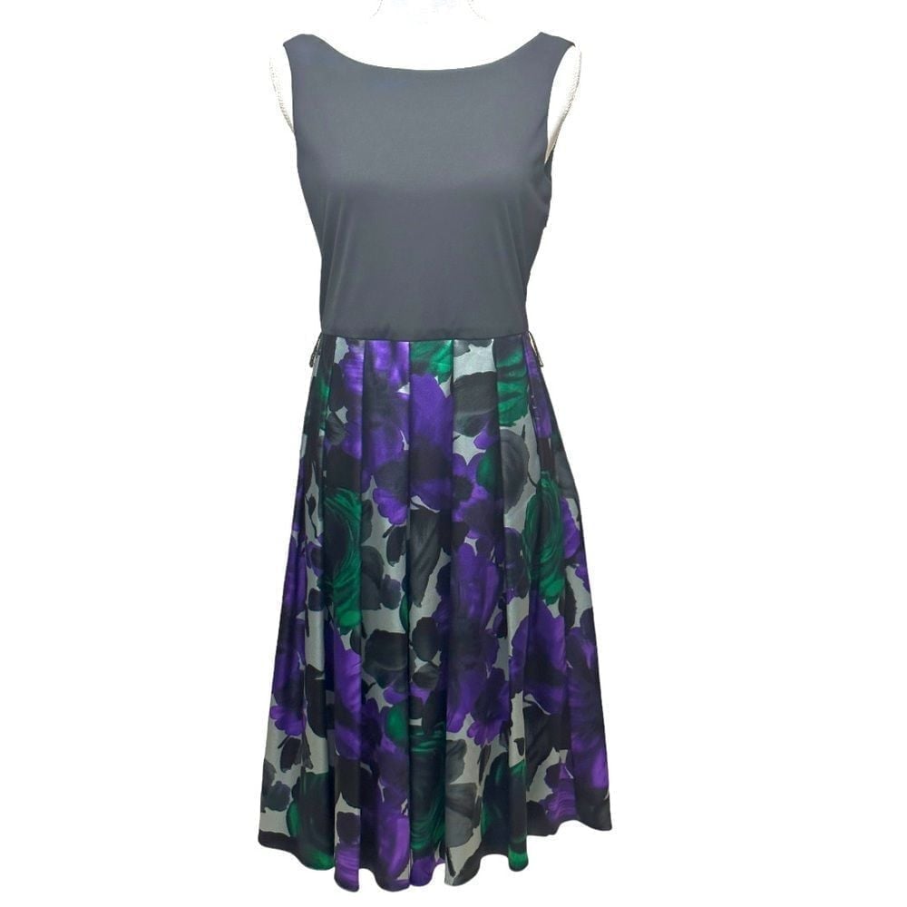 COLDWATER CREEK Black/Multi Floral Sleeveless Midi Fit & Flare Dress Size 8