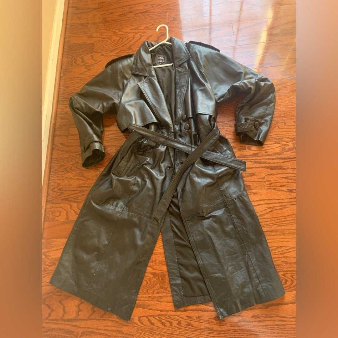 Tots Naga Vintage Black leather Trench Coat Size XL