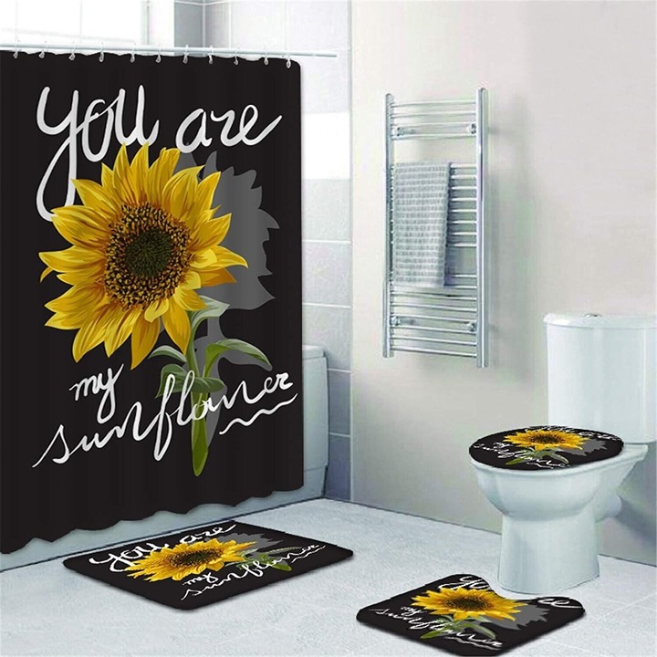 Sunflowers Shower Curtain Bathroom Rug Set Bath Mat Non-Slip Toilet Lid Cover