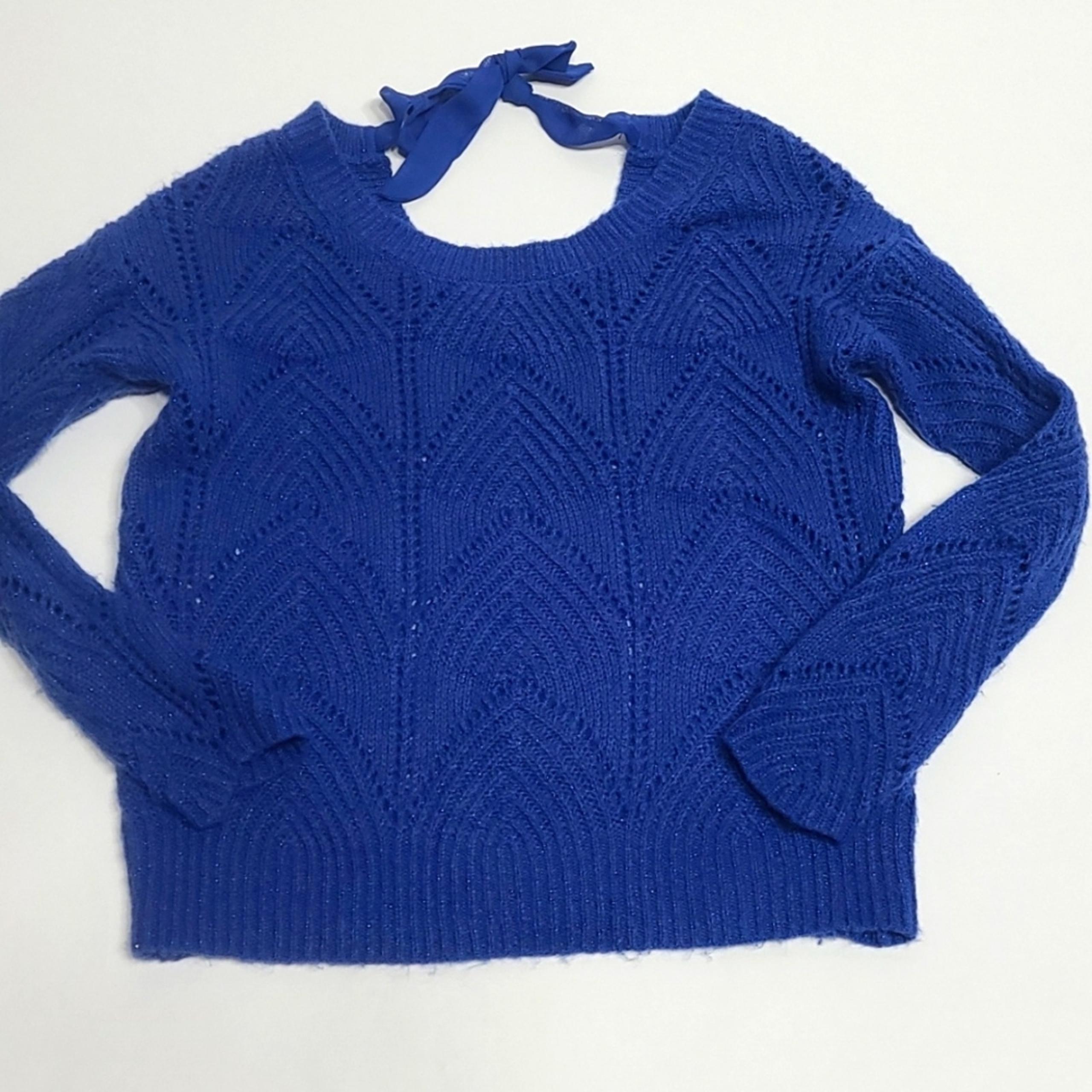 Lauren Conrad Blue glitter sweater women size XS scoop neck open back