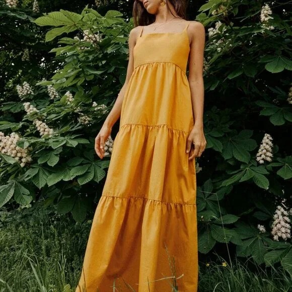 ZARA MS SIZE X-LARGE MUSTARD YELLOW SQUARE NECKLINE LAYERED POPLIN SUNDRESS