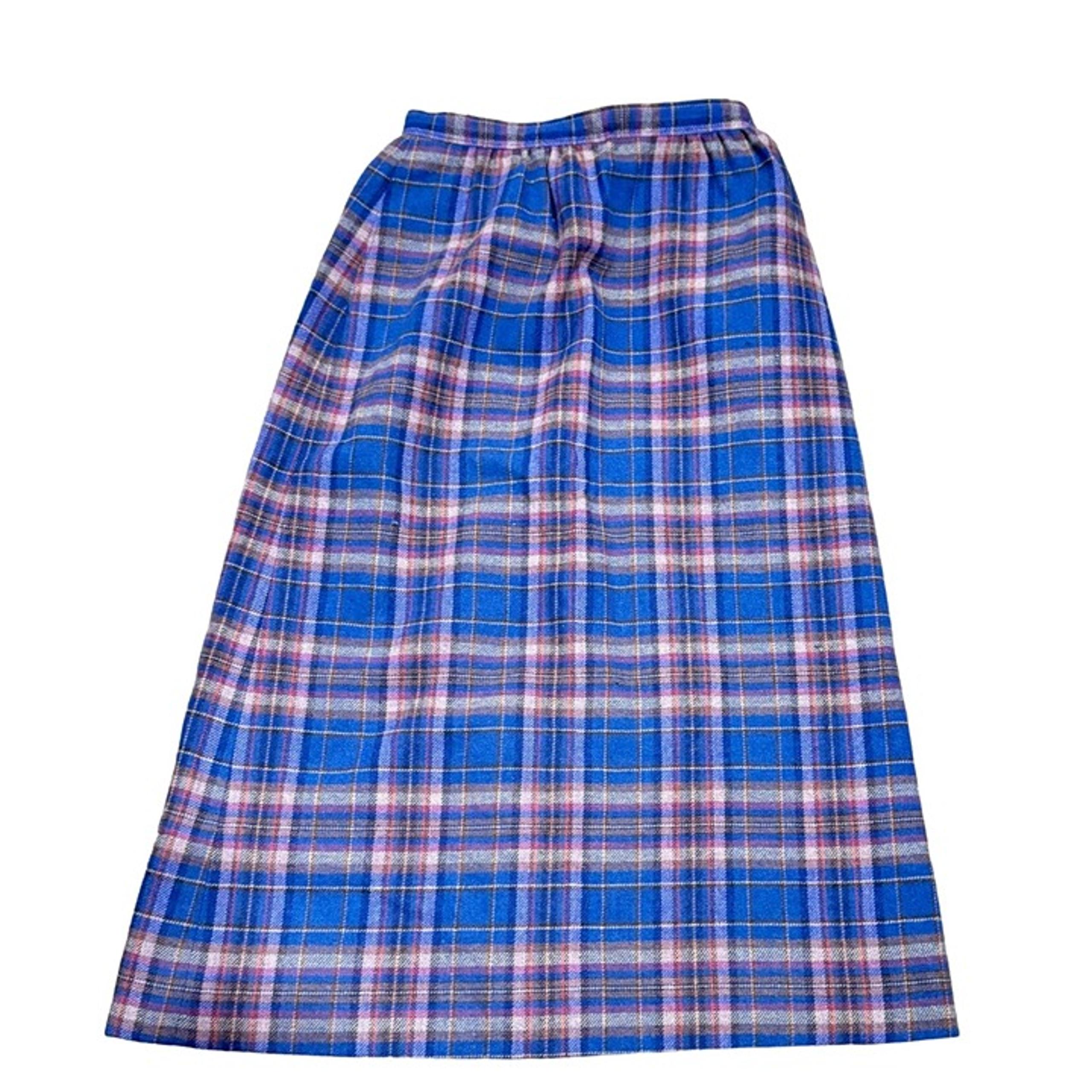 VTG BLUE PLAID PENDLETON SKIRT SIZE XS WOOL A-LINE POCKETS BUTTON CLOSE WOMENS