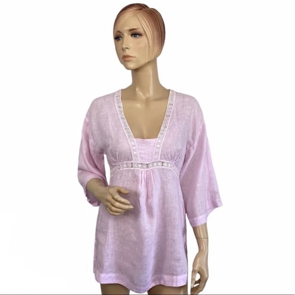 120% Lino Women's Pink Embellished 3/4 Sleeve Tunic Top 42