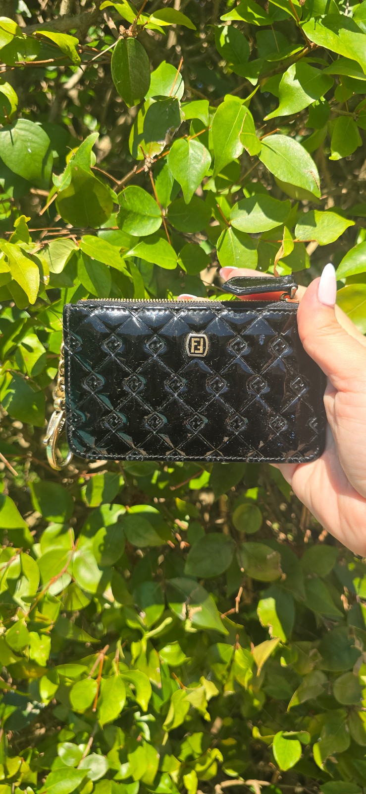 Fendi FF Black Patent Key Case Pouch Black w/back pocket card holder AUTHENTIC
