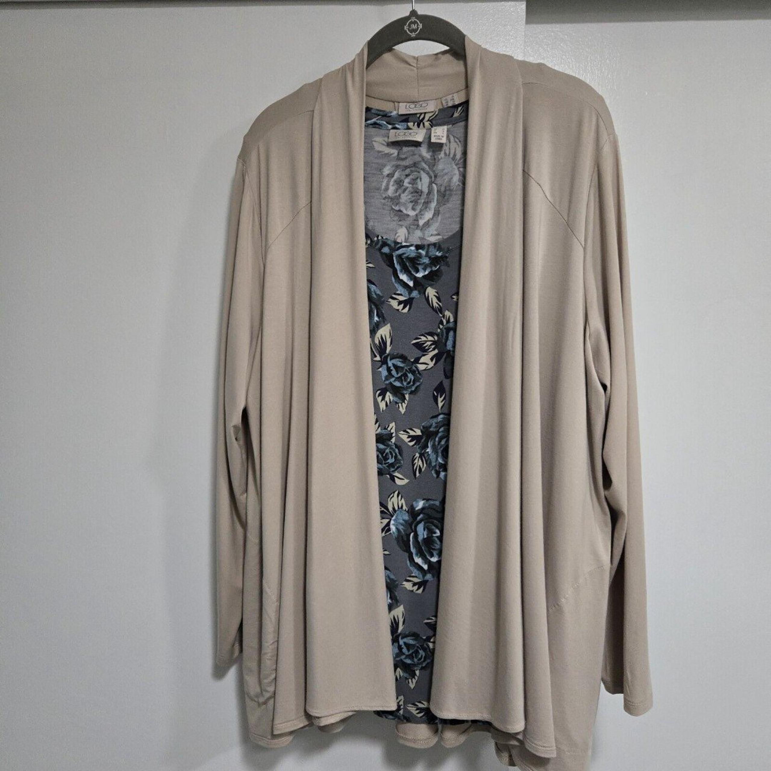 LOGO Lori Goldstein Plus Sz 1X Beige Sand Rayon Draped Front Cardigan w/ Pockets