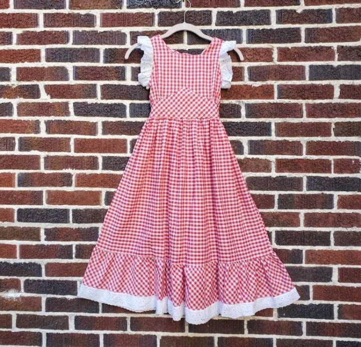 Vintage 70s girl's 7 Cinderella Stop the Press red checkered dress
