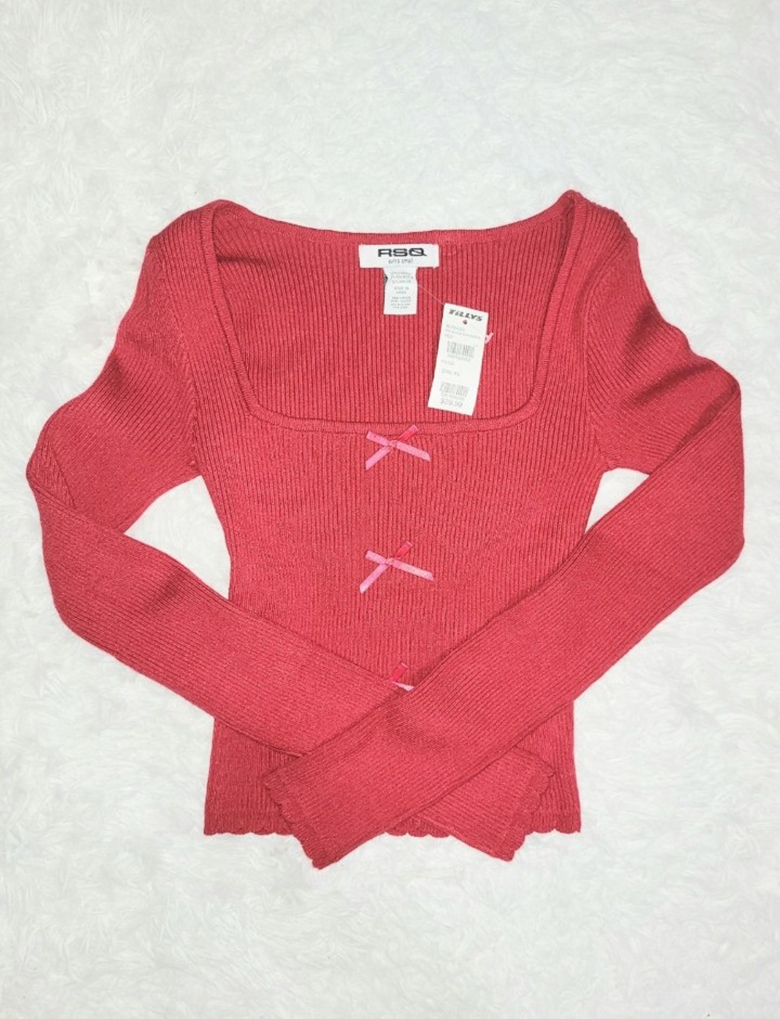 Tillys Red Ribbed Long Sleeve Top with Bow Detailing Women's US XS! ✨️ NWT