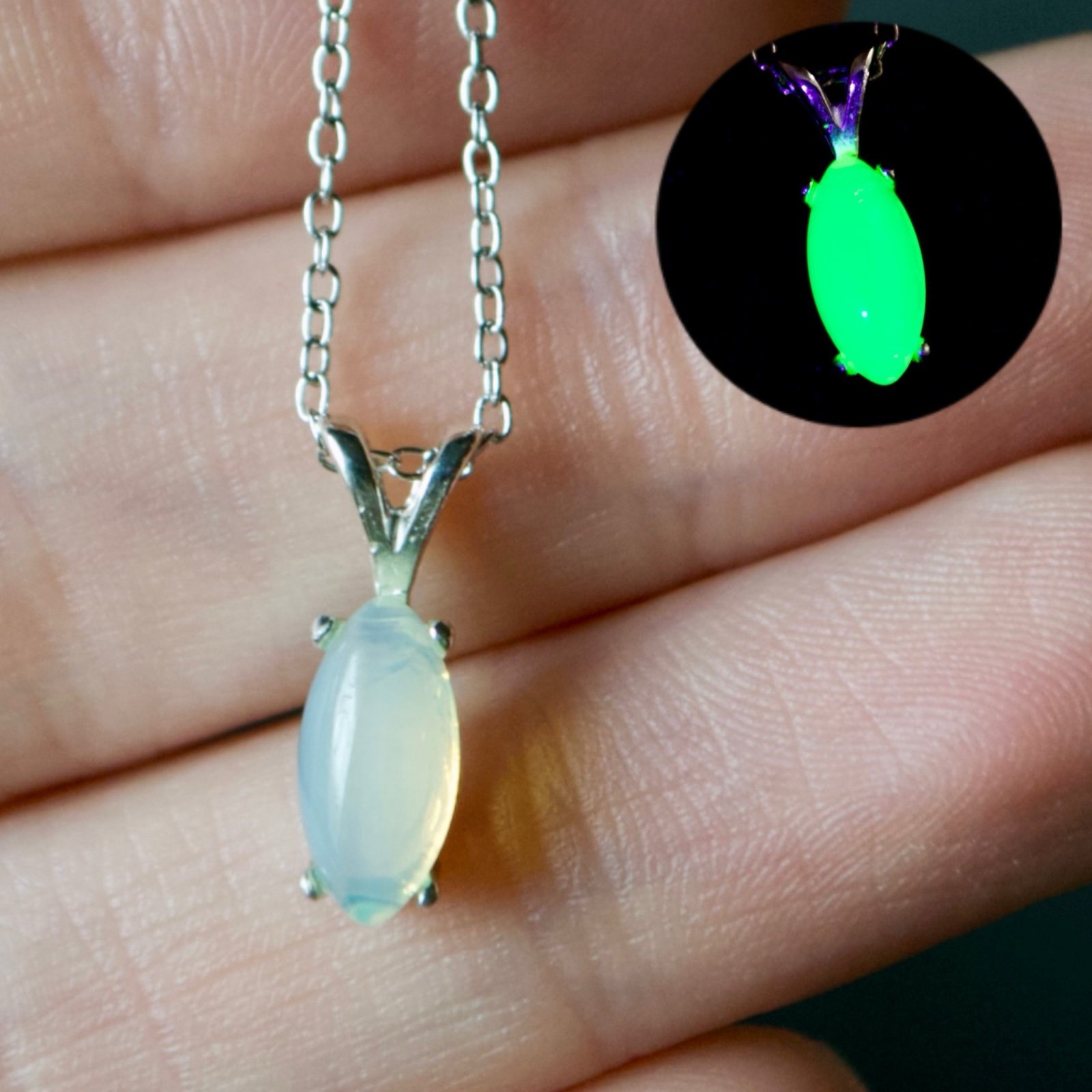 Sterling Silver UV Reactive Uranium Glass Stone Necklace