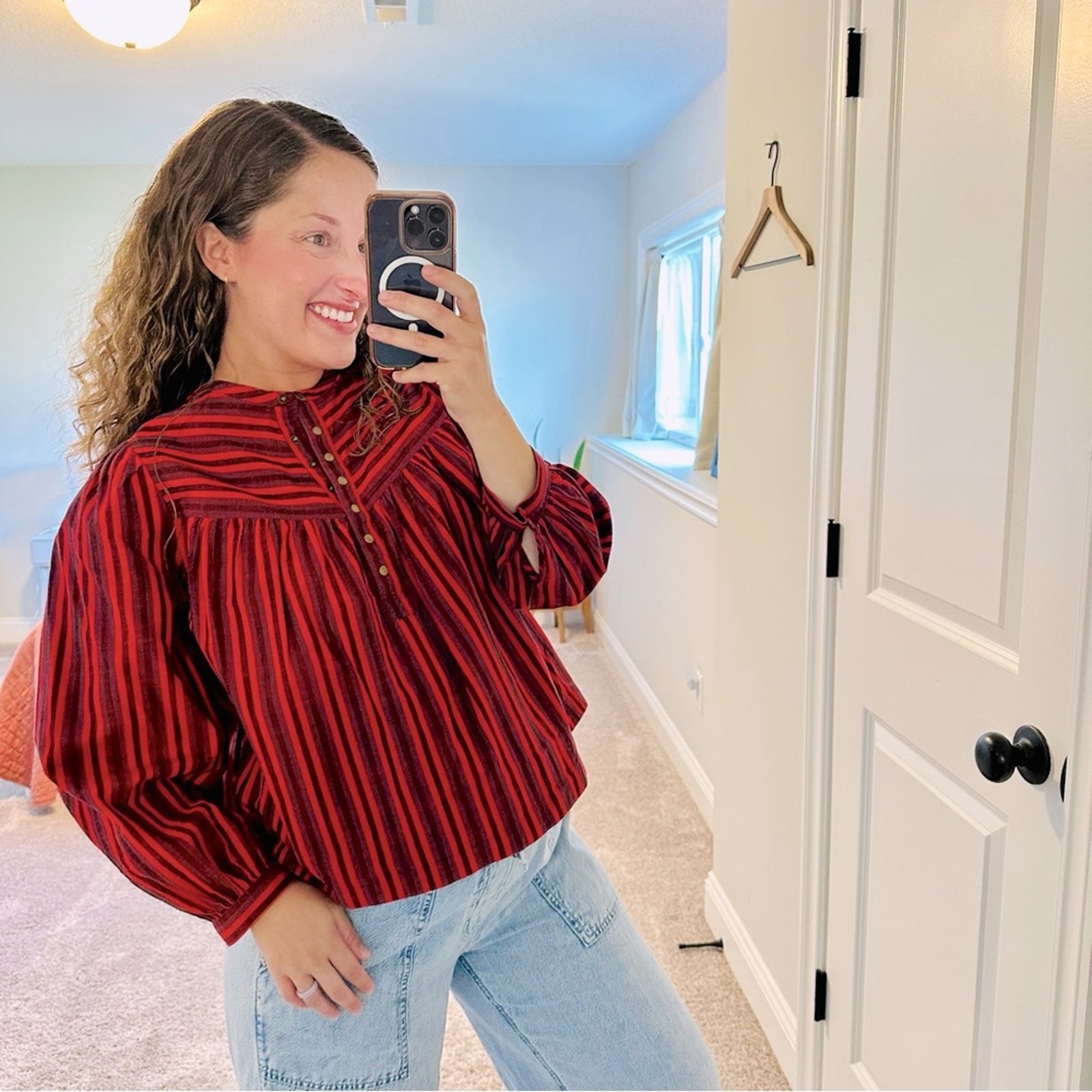 MOTHER Red Striped Cotton Henley Top Blouse Medium