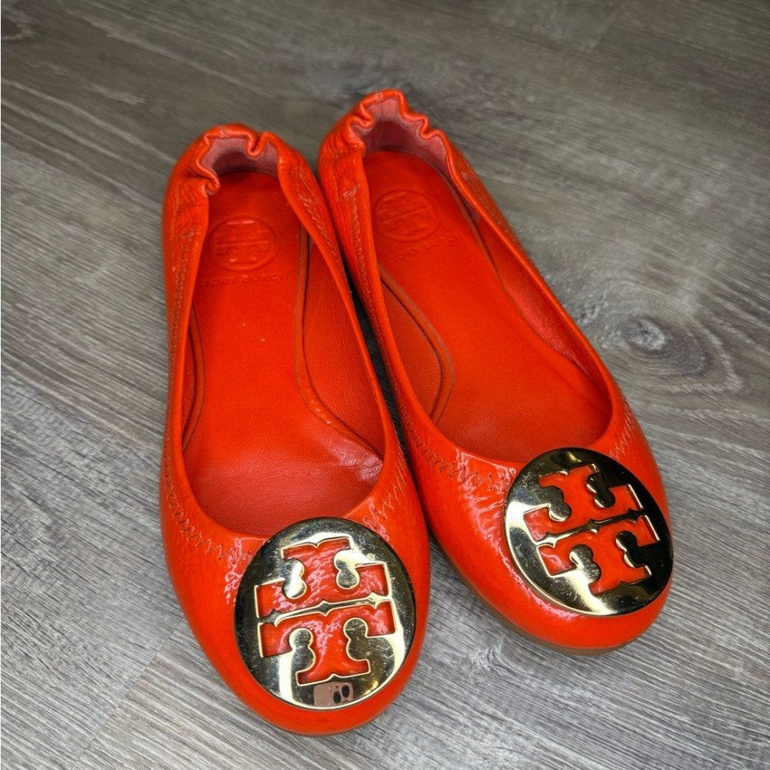 Tory Burch Orange and Gold Reva Flats Size 4
