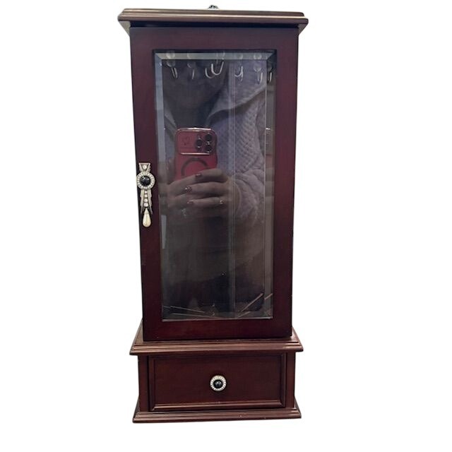 Vintage Wooden Rotating Jewelry Cabinet With Glass Door & Drawer