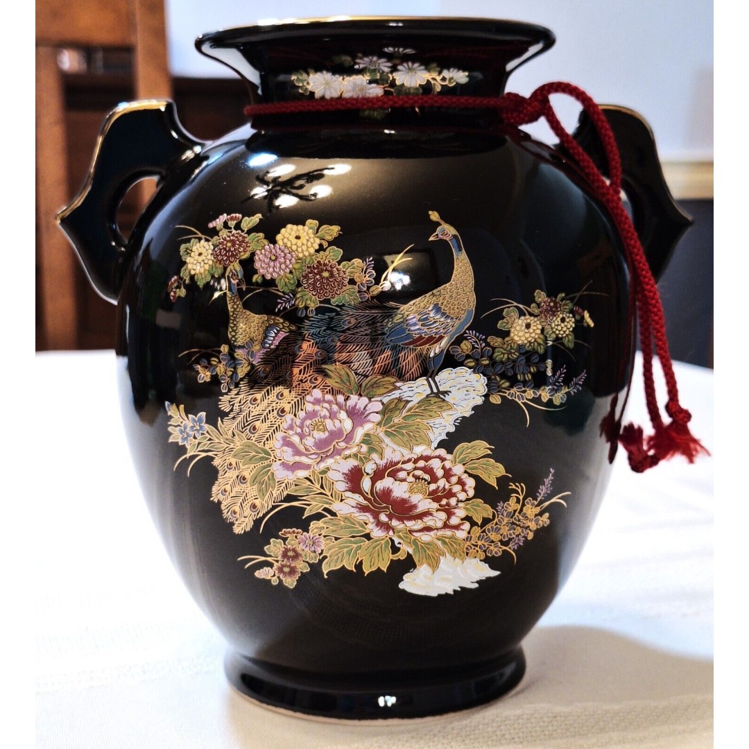 Vintage Black Japanese Porcelain Vase w/ Peacock & Floral Design Gold Detailing