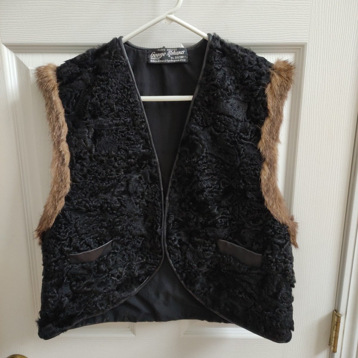 Greece Fur Vest Leather Trims Pockets Fit Women M Black