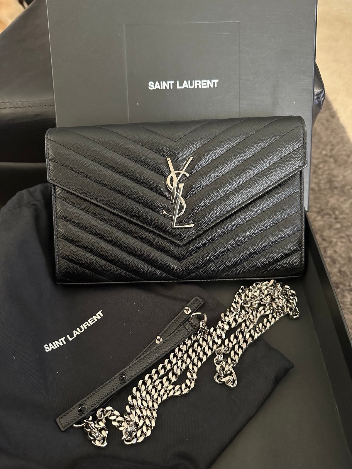 YSL Matelasse Chevron Envelope Large Wallet on Chain in Grain De Poudre