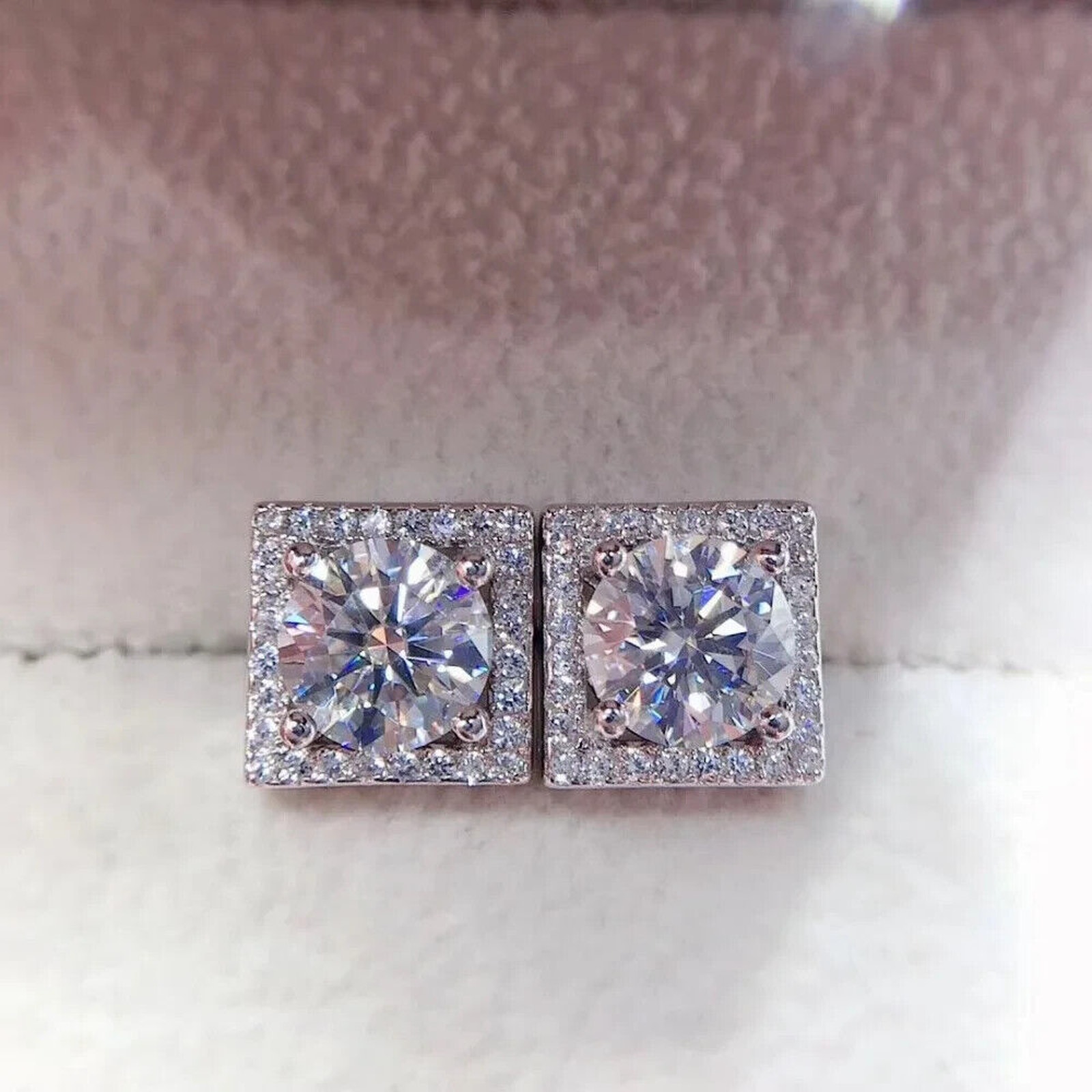 Men's 1 Carat Moissanite Square Stud Earrings, Round Brilliant Cut VVS1 Earrings