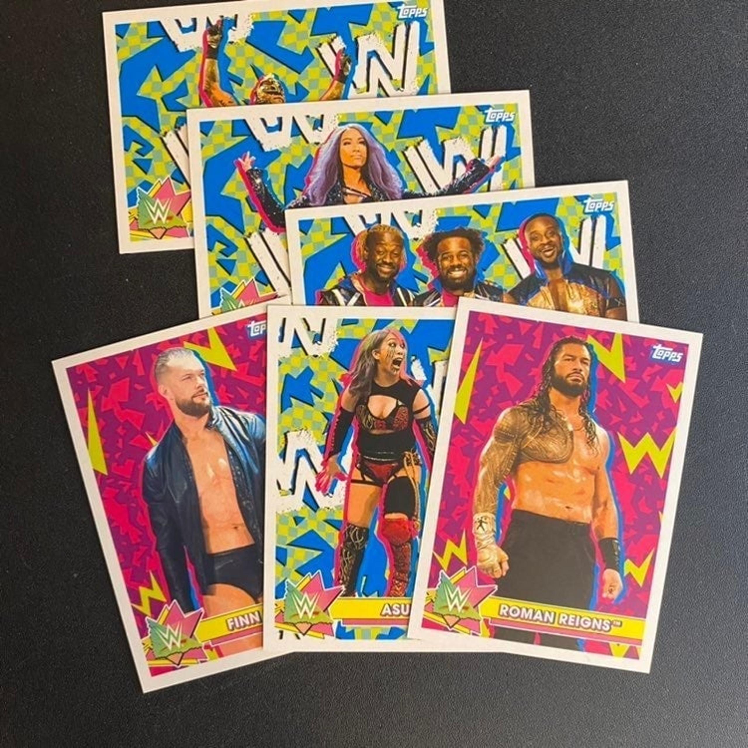 6 WWE Tops Heritage stickers, Sasha, Roman, New Day, Rey Mysterio