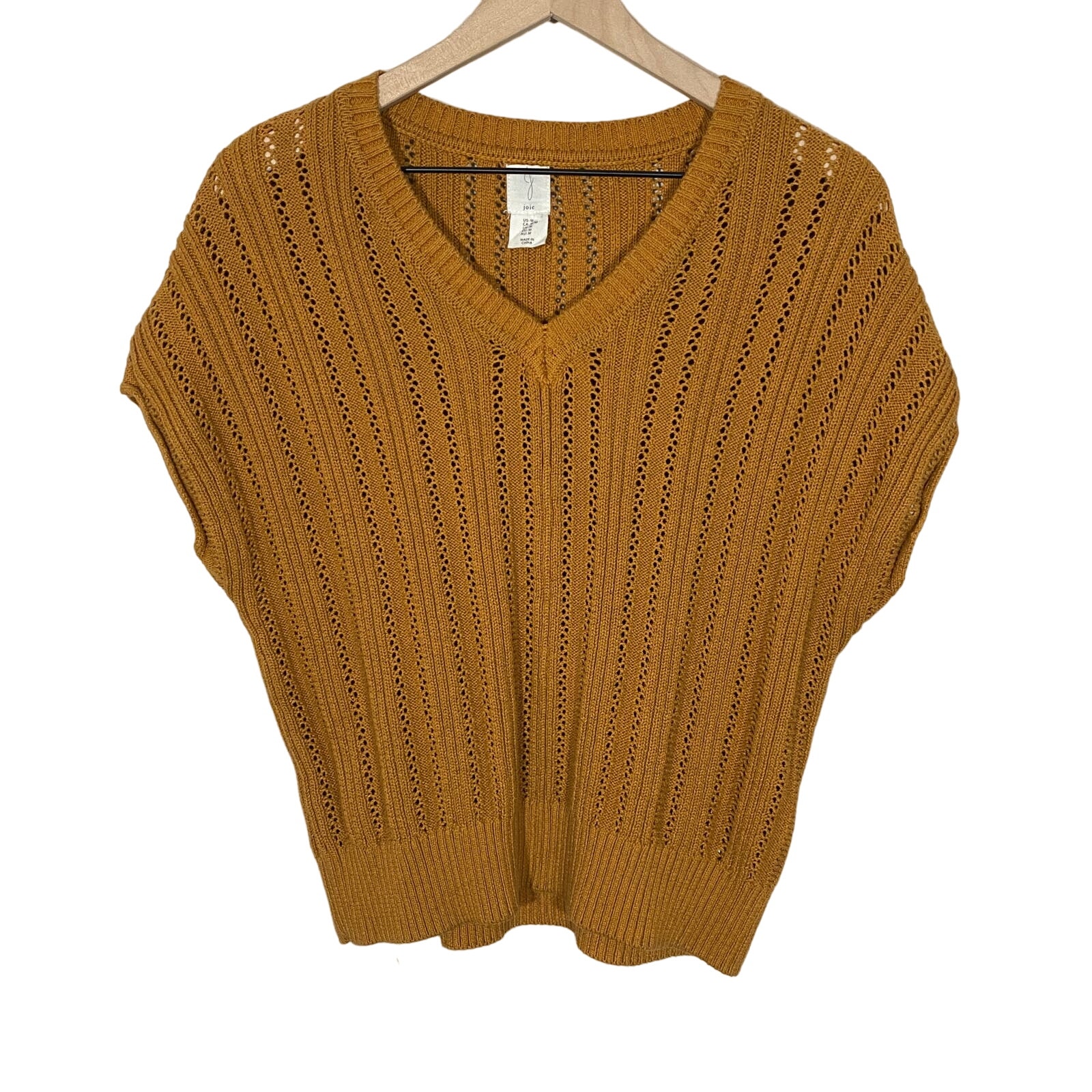 Joie Caramel Brown Tan Sweater Vest Open Knit Pullover V-Neck Short Sleeve Sz M