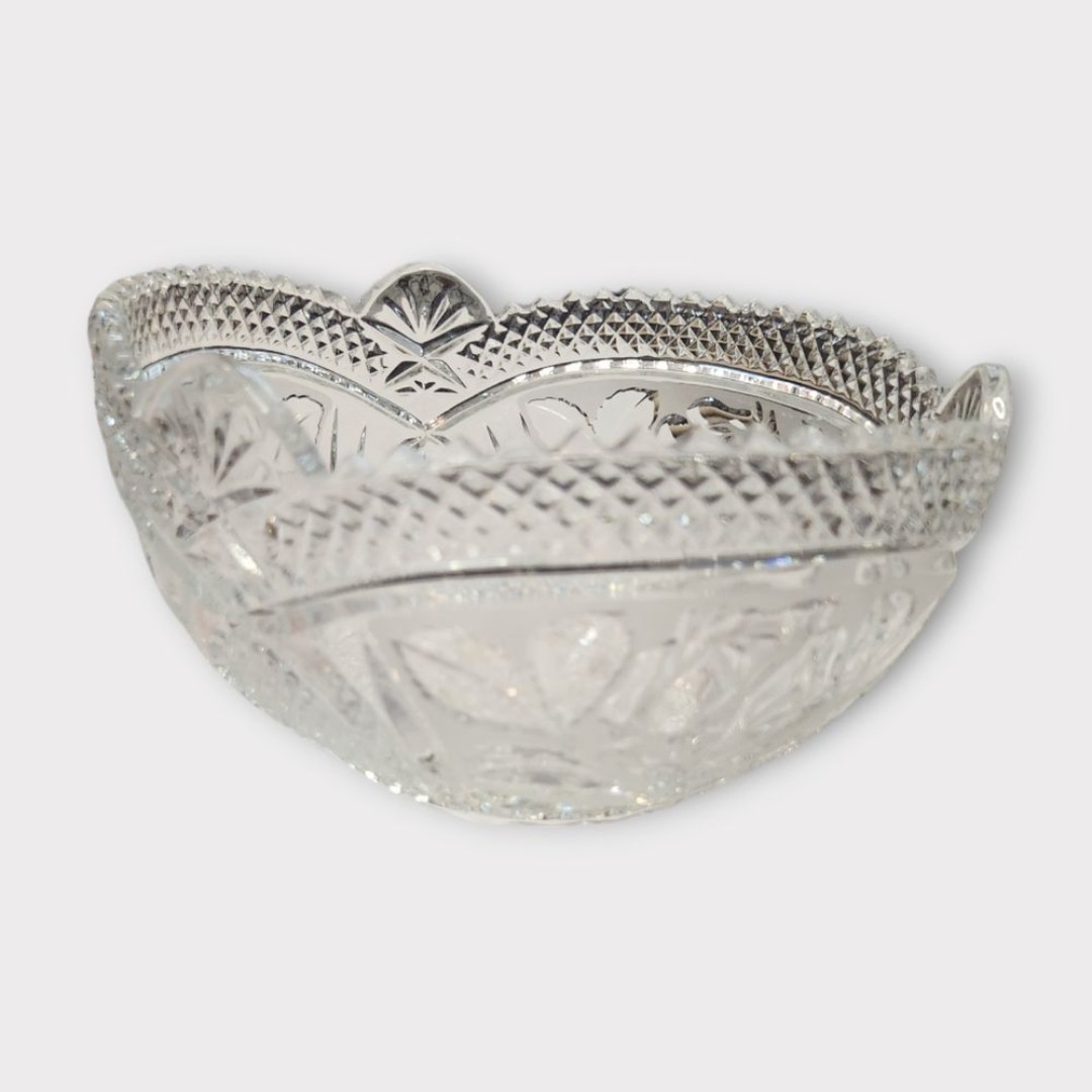 Vintage Etched Rose Lead Crystal Serving Fruit Bowl